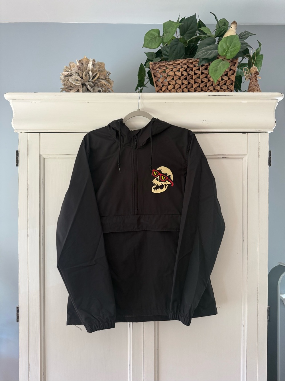 Men's Black Hooded Windbreaker with Skull Patch